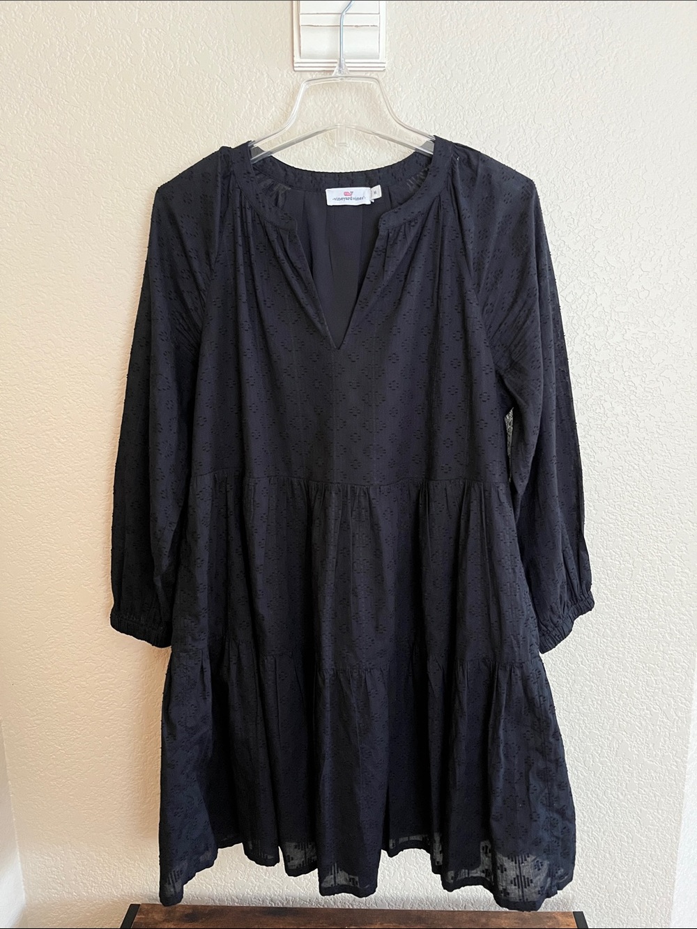 Vineyard Vines Black Eyelet Long Sleeve Tiered Dress